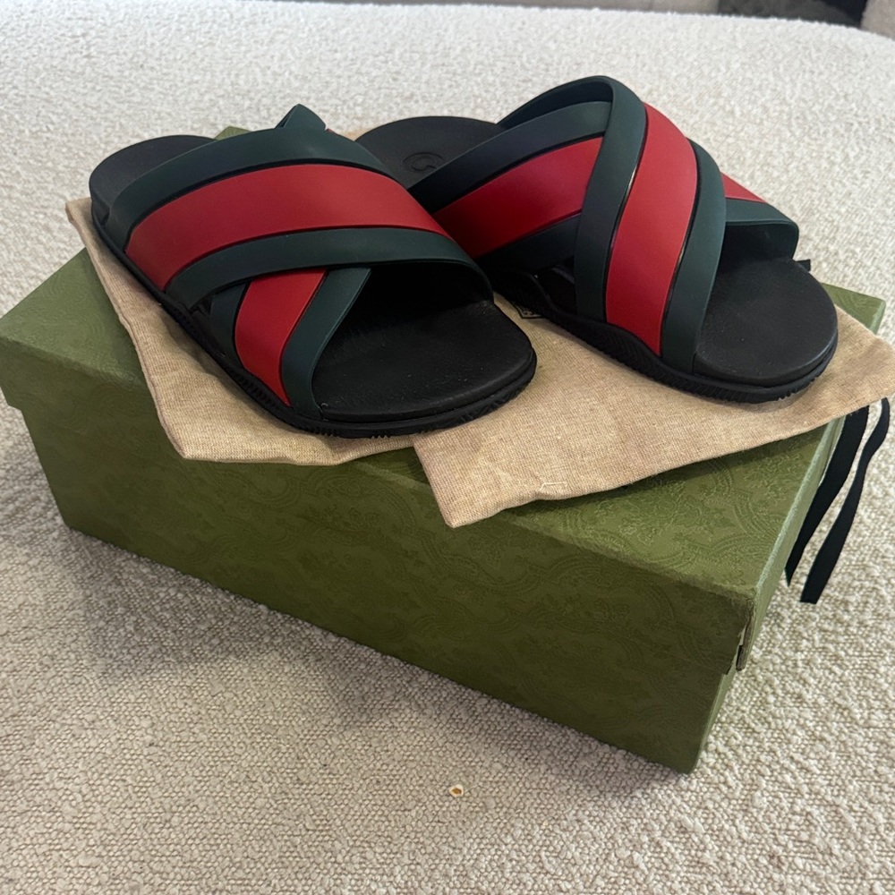 Gucci Red and Dark Green Crisscross Rubber Slide Sandals